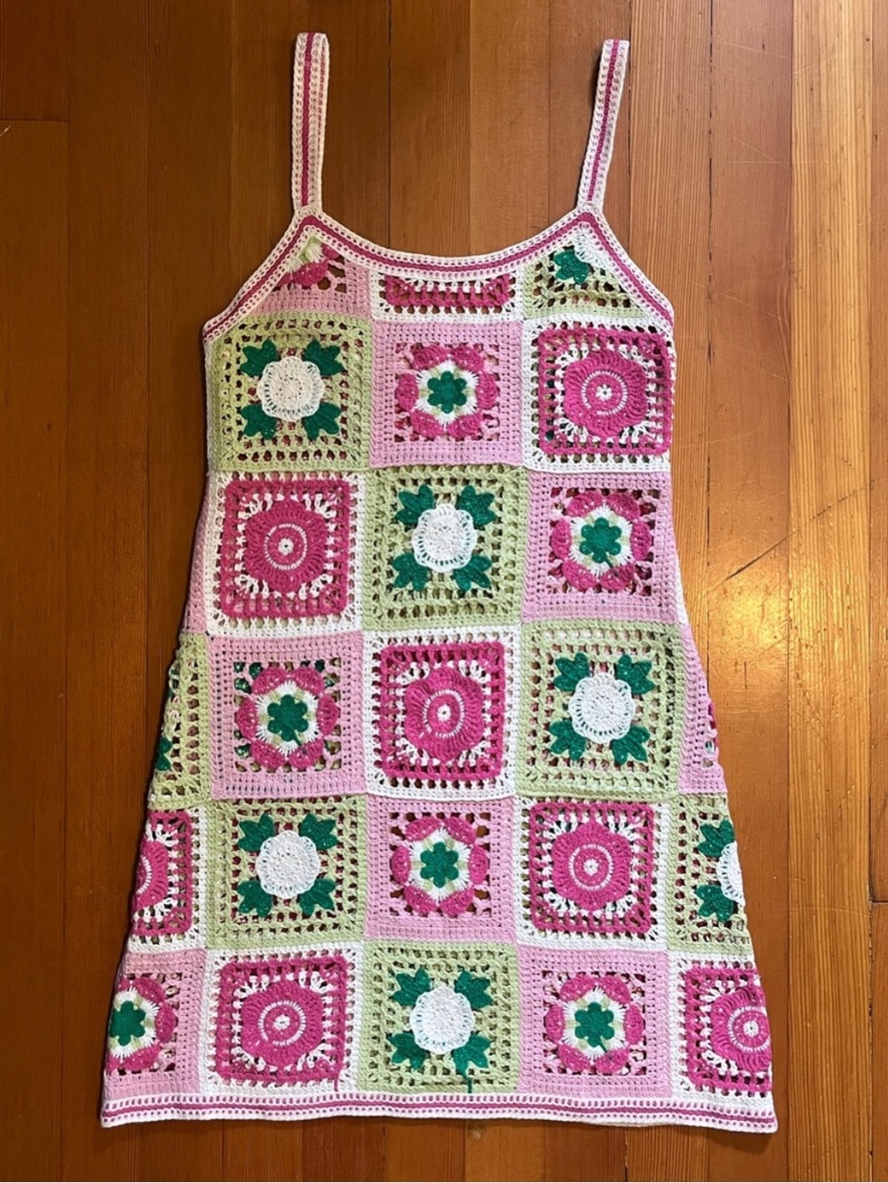 Granny Square Crochet Mini Dress Pink Green 70s Boho Festival S